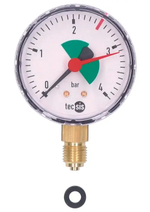 Manometer mit einer Skala von 0 bis 4 bar und einer roten Anzeige, ausgestattet mit einem Messgehäuse und einer Dichtung, möglicherweise von der Marke Judo.